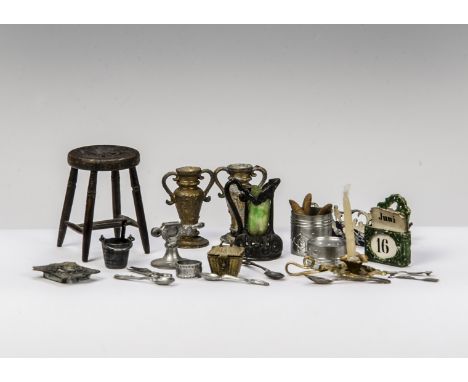 Dolls’ house chattels and miniature pieces: a gilt metal rococo chamber stick, a pair of gold painted metal vases, a soft met