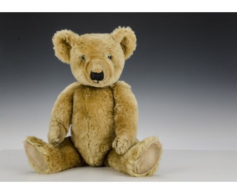 A Chiltern 1930s teddy bear, with golden mohair, clear and black glass eyes with remains of brown painted backs, pronounced c