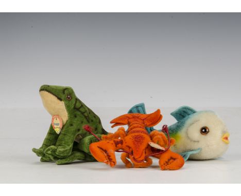 Steiff post-war Aquatic animals: a small Crabby Lobster with orange felt body and card tag - 41?2in. (11.5cm.) long; a Froggy