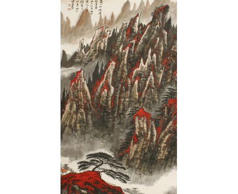 A Chinese hanging scroll, in the style of Li Keran (1907-1989), painted with a mountainous landscape with pine trees and red 