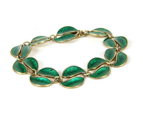 A Norwegian sterling silver and guilloche enamel two row leaf link bracelet, by David Anderson, 13.49g
