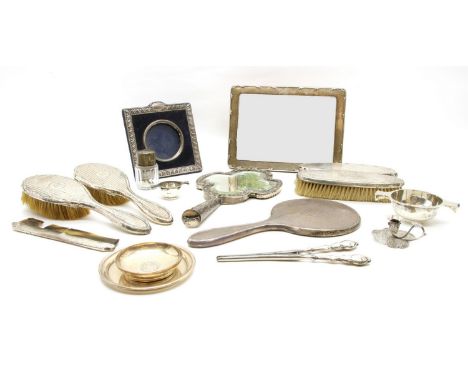 Two silver quaiches, Brook &amp; Son, Birmingham, two silver dishes, photograph frames, and a dressing table set