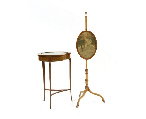A mahogany inlaid vitrine , with a shaped top, 47 cm wide x 69 cm high and a firescreen (2)