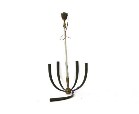 An Italian five branch ceiling light, in the style of Guglielmo Ulrich, with a glass column, and horn shaped branches, damage