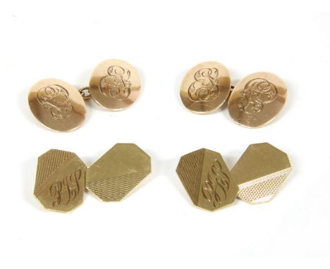 Two pairs of 9ct gold cufflinks, including an engine turned decorated example, and a 9ct gold graduated pear shaped drop neck
