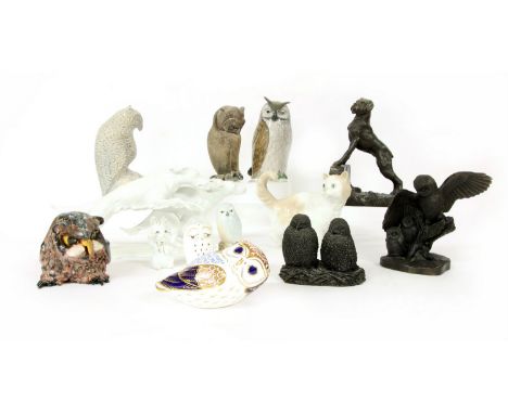 A collection of animal figures, to include a Royal Crown Derby Owl paperweight with gold button, Royal Copenhagen owls, a Nao