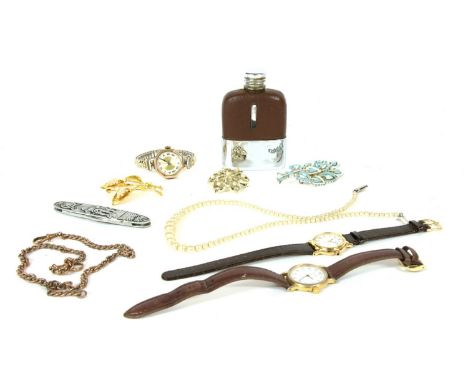 A 9ct gold curb link watch chain, with swivel clips, 22.70g, a rolled gold half Hunter pocket watch (glass deficient), a ladi