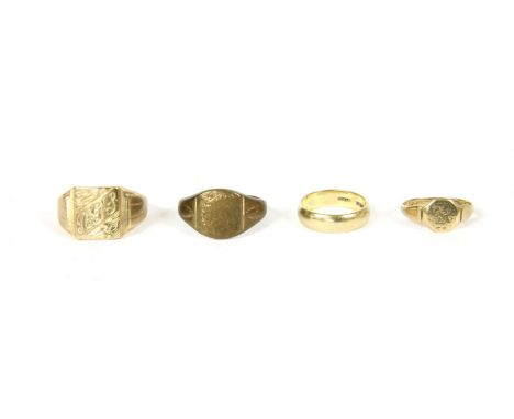 A gentlemen's gold signet ring, 6.34g, a 9ct gold wedding ring, 2.78g, a ladies 9ct gold signet ring, 1.27g, a signet ring wi