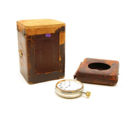 A silver plated and brass Goliath travelling watch in brown leather case , the white enamel dial with Arabic numerals and sub