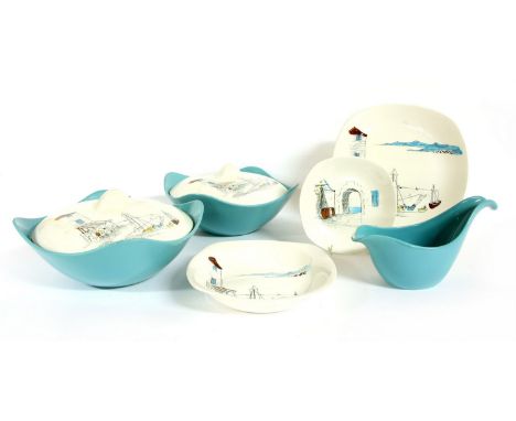 A Midwinter 'Cannes' pattern part tea and dinner set, lacking cups, with damage