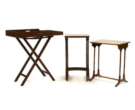 A mahogany butler's tray, on a folding stand, 77cm long x 83cm high and three lamp tables (4)