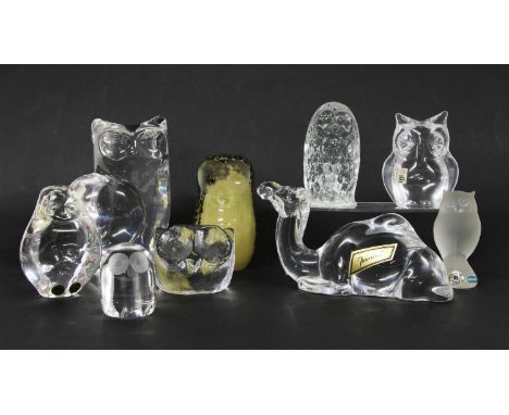 A collection of glass figures , to include a Baccarat camel, an Orrefors owl designed by Olle Alberius, a Daum owl, a Wedgwoo