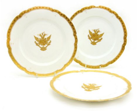 Six French porcelain plates, after 'Escalier De Cristal' with gilt double eagles. 23.5cm diam.(some damaged)