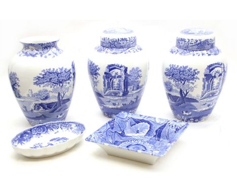 Eleven items of modern blue and white Spode Italian pattern china, including a pair of jars and covers, plates and dishes