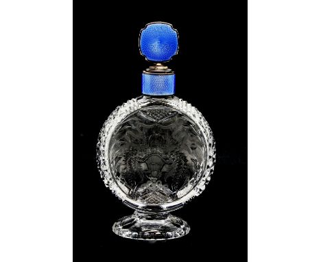 A large scent bottle, the cut glass body decorated with vases of flowers, with silver and blue enamel collar and stopper, by 