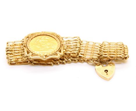 A 9ct gold sovereign set gate link bracelet, a 1968 sovereign claw set to a diamond cut mount, to a seven row gate link brace