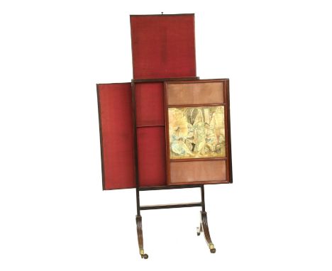 A Regency period mahogany firescreen, with three sliding panels and silk work panel, 125cm high, 52cm wide