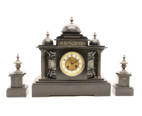 A Victorian slate architectural clock garniture, stamped Mappin &amp; Webb