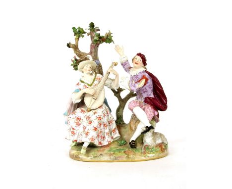 A mid 19th century Meissen porcelain figure group, of a young lady playing a lute and a young man singing, both in 18th centu