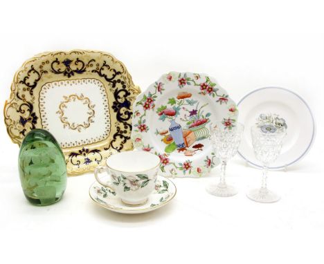 China plates, Susie Cooper part dinner service , drinking glasses, dump weight, continental milch glass tankard (a/f)