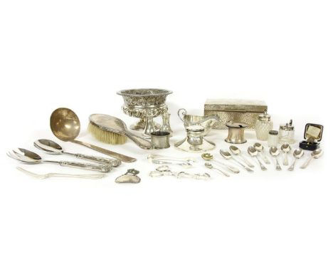 Silver items: cigarette box, bowl inkwell, Thai ladle, mustard pot, scissor sugar tongs, etc