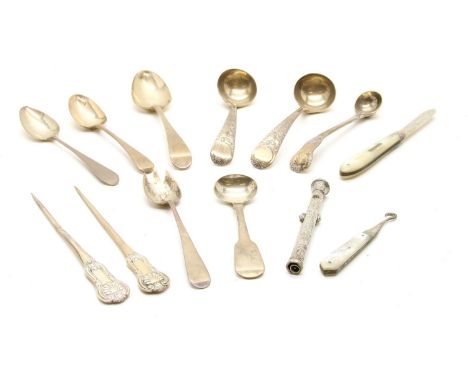 A collection of Georgian and later silver, includlng spoons, a mother of pearl mounted fruit knife, a propelling pencil