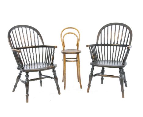 A pair of elm and ash Windsor chairs, late 19th to early 20th Century, 100cm high, together with a J &amp; J Kohn bentwood ch