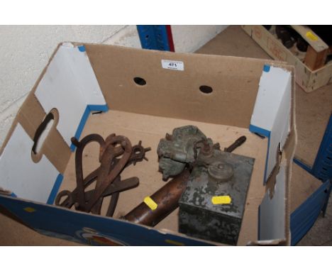 A box of various miscellaneous items including a vintage Zenith carburettor and fuel tank, an old grease gun, a heart shaped 