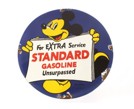 A circular enamel special edition "Standard Gasoline" sign decorated with Micky Mouse, 24" dia. 
