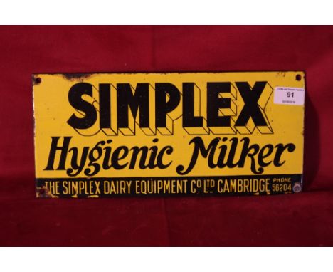A "Simplex Hygiene Milker" enamel sign, 6" x 13"