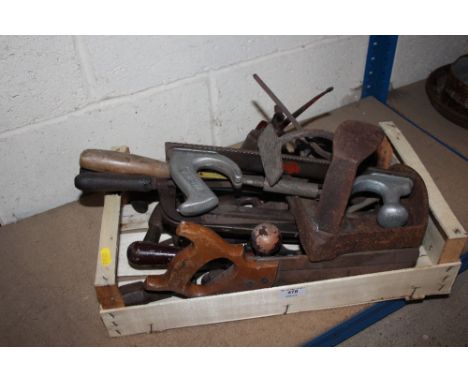 A box of various miscellaneous vintage tools to include a blow lamp, oil can, cobblers last etc. 