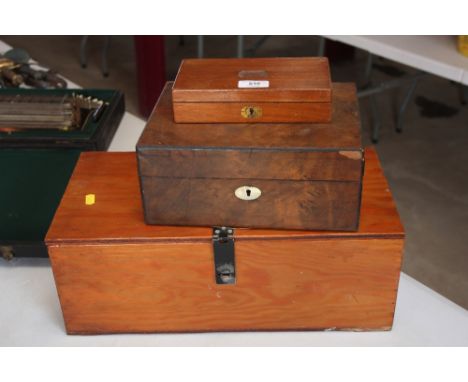 A Victorian burr walnut trinket box; a pine storage box and a mahogany drawing instruments box