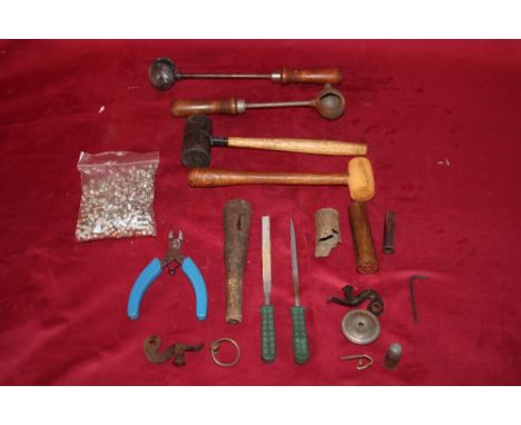 Two lead shot measures; a box of various tools and a packet of cartridge caps