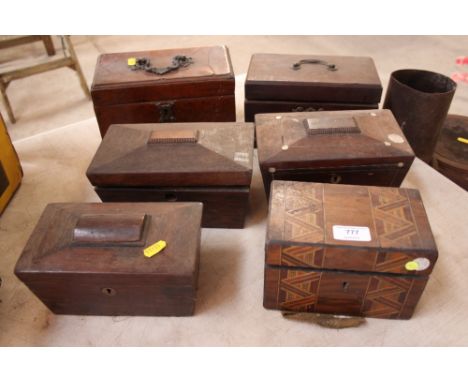 A Georgian burr yew wood tea caddy, in need of restoration; a mahogany similar and four Victorian examples