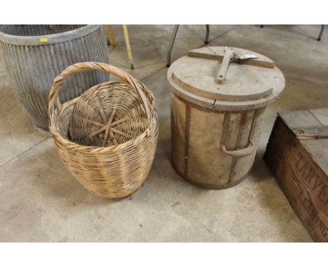 An old wooden and metal bound measure, contents to include part of a lamp, an antler, an old pine lid, and a wicker basket&nb