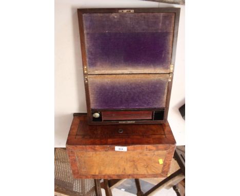An antique walnut and cross banded tea caddy - converted; and a rosewood writing slope 