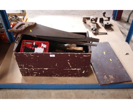 An old tool box and contents of various woodworking and other hand tools