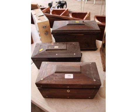 A 19th Century burr walnut sarcophagus tea caddy for restoration; and two rosewood and mother of pearl inlaid examples 