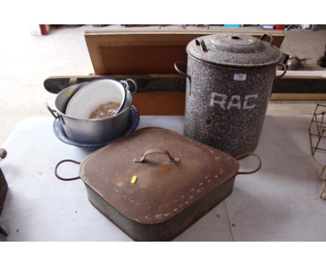 An RAC enamel bin; a vintage carp kettle; two enamel bowls and a metal preserve pan