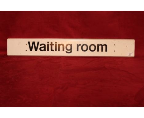 A vintage enamel railway sign "Waiting Room", 5" x 34&frac12;"