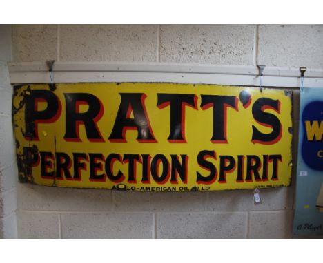 An enamel advertising sign for "Pratts Perfection Spirit", 18" x 52"