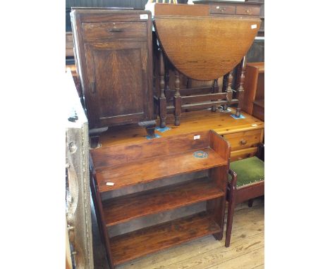 A set of pine book shelves, an oak gate leg table and an oak bedside cabinet