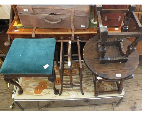 A 1970's chrome and tile top coffee table, a Victorian upholstered stool, a faux bamboo magazine rack, an oak round table and