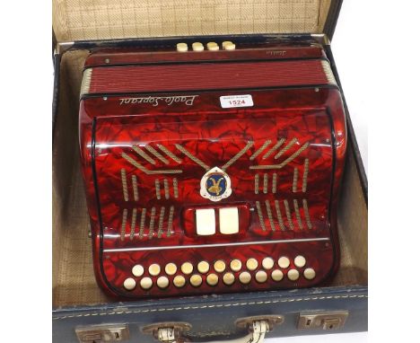 Paolo Soprani button accordion, red marble finish, case