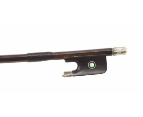 Silver mounted violin bow stamped Amati Mangenot, the stick round, the ebony frog inlaid with silver rings enclosing pearl ey