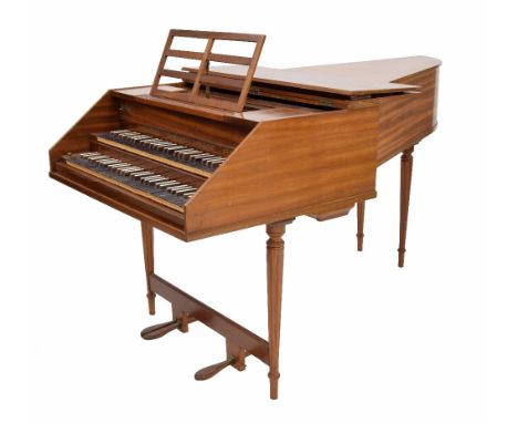 Contemporary mahogany double manual harpsichord by and inscribed Johannes Morley, London fecit, upon fluted tapering circular