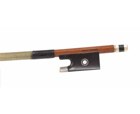 Silver mounted violin bow stamped Francois Lotte, the stick round, the ebony frog inlaid with silver rings enclosing pearl ey