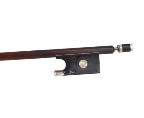 German violin bow, the stick round, the ebony frog inlaid with large pearl eyes and the ebony adjuster with two bands, 45gm (