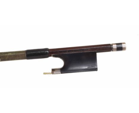 German silver mounted violin bow by and stamped Otto Durrschmidt, the stick round, the ebony frog plain and the ebony adjuste