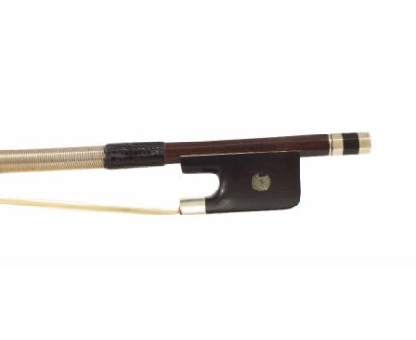 Good French violoncello bow by and stamped Charles Louis Bazin, the stick round, the ebony frog inlaid with pearl eyes (missi